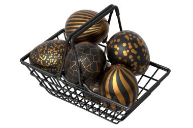 Sepet ya da tepside altın ve siyah Paskalya yumurtaları ve beyaz arka planda çikolata yumurtaları. Davetiye, kart, menü, broşür, afiş, poster, fiş için 3d Mutlu Paskalya zarif tasarım tasarımı