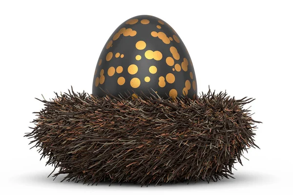 Золотое Черное Пасхальное Яйцо Птичьем Гнезде Изолировано Белом Фоне Визуализация — стоковое фото