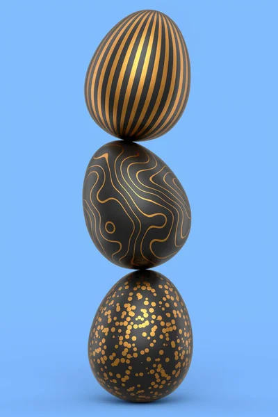 Montón Huevos Pascua Dorados Negros Huevos Chocolate Sobre Fondo Azul — Foto de Stock