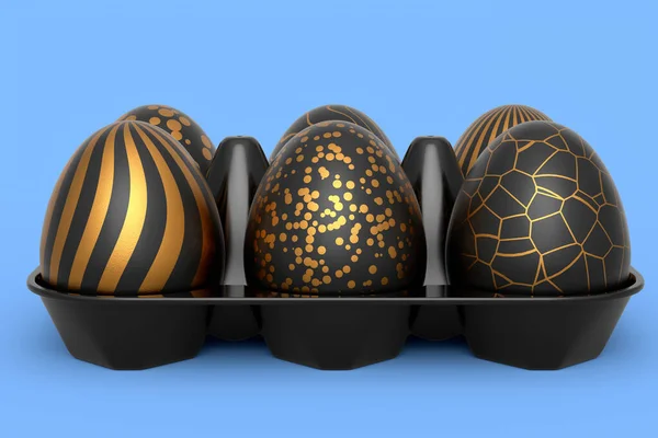 Sepet Tepside Altın Siyah Paskalya Yumurtaları Mavi Arka Planda Çikolata — Stok fotoğraf