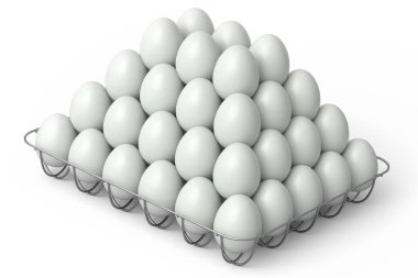 Çiftlik çiğ organik, şeker kaplı metal tepside yumurta ya da beyaz arka planda kağıt karton. Omlet için 3 boyutlu taze tavuk yumurtası ya da sabah kahvaltısı için çırpılmış yumurta.