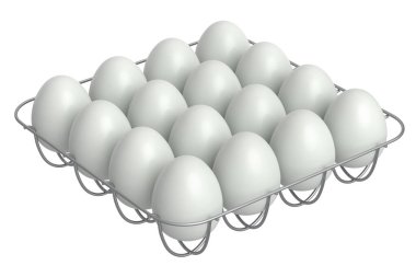 Çiftlik çiğ organik, şeker kaplı metal tepside yumurta ya da beyaz arka planda kağıt karton. Omlet için 3 boyutlu taze tavuk yumurtası ya da sabah kahvaltısı için çırpılmış yumurta.