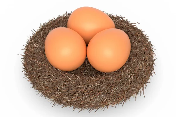 농장에서 유기농 갈색알은 배경에 둥지를 만듭니다 오믈렛이나 식사로 스크램블드에그를 만들기 — 스톡 사진