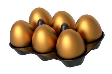 Plastik tepside duran lüks altın yumurtalar ya da beyaz arka planda izole edilmiş kağıt karton. 3 boyutlu paskalya konsepti omlet için tavuk yumurtası ya da sabah kahvaltısı için çırpılmış yumurta.
