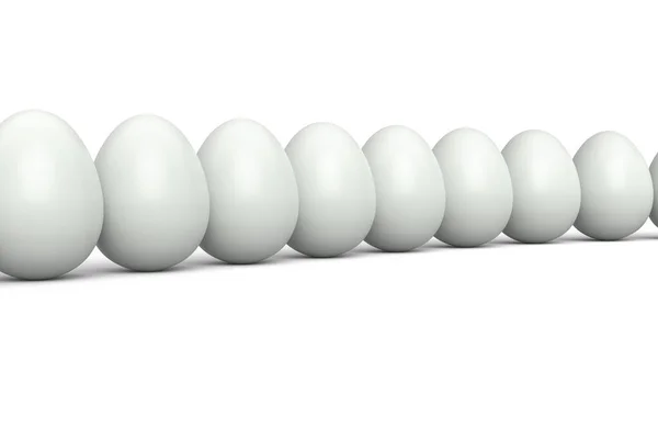 Grup Çiftliği Çiğ Organik Beyaz Tavuk Yumurtaları Sırada Beyaz Arka — Stok fotoğraf