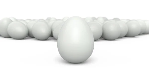 Grupo Ovos Galinha Brancos Orgânicos Crus Uma Multidão Fundo Branco — Fotografia de Stock
