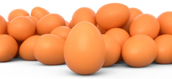 一群农场生有机褐色鸡蛋在白色背景的人群中 三维渲染复活节彩蛋模板设计 用于贺卡和邀请卡 — 图库照片