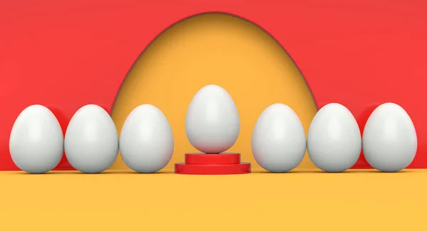 表彰台に白い鶏の卵と黄色の背景に並んで立って卵の群衆をファーム 挨拶カードのための英語の朝食の3Dレンダリングの概念 モックアップ製品表示のための最小壁のシーン — ストック写真