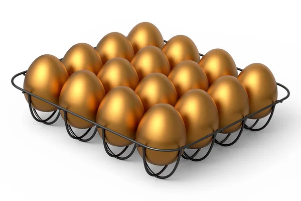 Luxe Gouden Eieren Metalen Dienblad Papier Karton Geïsoleerd Witte Achtergrond — Stockfoto