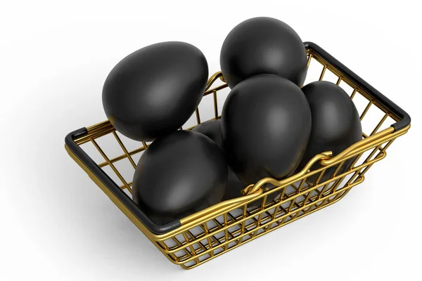 Luxe Zwarte Eieren Metalen Mandje Papier Karton Geïsoleerd Witte Achtergrond — Stockfoto