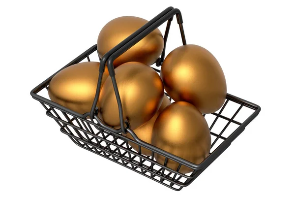 贵重的金蛋在金属篮子或纸板箱中 白色背景隔离 复活节概念的3D渲染或鸡蛋煎蛋卷或炒蛋早餐 — 图库照片