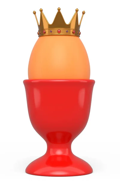 Gospodarstwo Brązowe Jajko Złotą Królewską Koroną Ceramicznym Kubku Śniadanie Białym — Zdjęcie stockowe