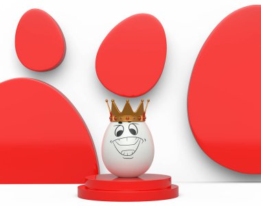 Komik yüzlü, kürsüde altın kaplama ve beyaz arka planlı eşsiz beyaz tavuk yumurtası. Kutlama ve davetiye kartları için 3D paskalya yumurtası tasarımı