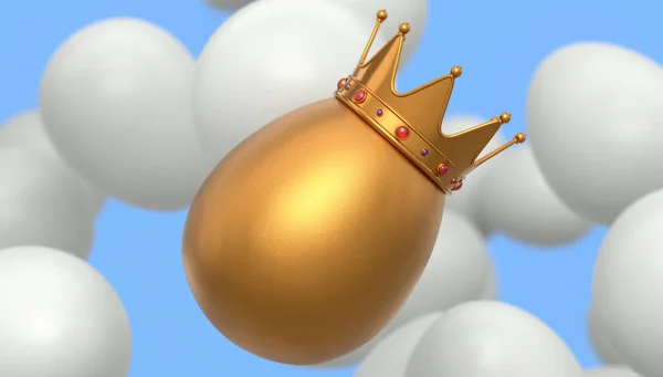 青い背景に王室の王冠の農場の白い鶏の卵とユニークな金の卵の飛行 イースターの概念の3Dレンダリングやブラックフライデー 富と帝国の力 — ストック写真