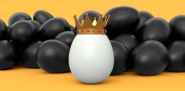 黄色の背景に黄金の王室の王冠の農場の黒い鶏の卵とユニークな白い卵の群衆 イースターの概念の3Dレンダリングやブラックフライデー 富と帝国の力 — ストック写真