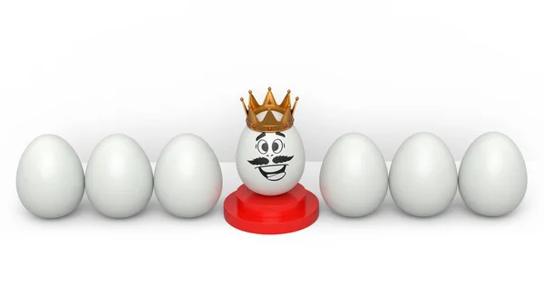 農場の白い鶏の卵と表現と面白い顔と白い背景に金冠を持つユニークな卵のグループ 挨拶や招待状のためのイースターエッグテンプレートデザインの3Dレンダリング — ストック写真