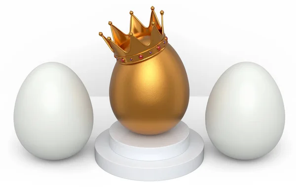 Witte Kippeneieren Rij Uniek Gouden Koninklijke Koningskroon Podium Witte Achtergrond — Stockfoto