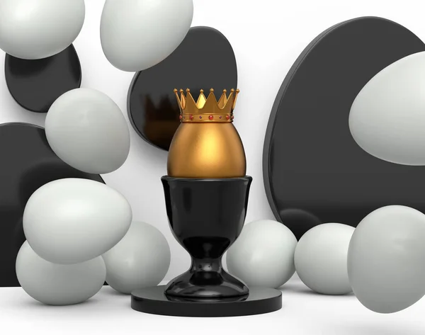 Unique gold egg in royal king crown in ceramic eggcup and scattered white eggs on white background. 3d render of Easter concept or Black Friday, luxury, wealth and imperial power