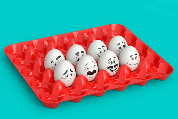 Fadeleri Plastik Tepside Komik Yüzü Olan Çiftlik Beyazı Yumurta Yeşil — Stok fotoğraf