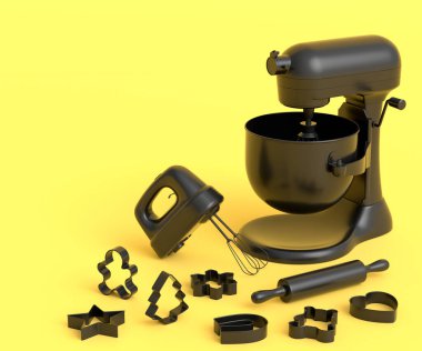 Tek renkli arka planda hamur hazırlamak için mutfak aletleri ve metal kurabiye kesicilerle karıştırıcı ve el mikseri. Aşçılık ve karıştırma için 3D pişirme işlemini adım adım ve aksesuarlar
