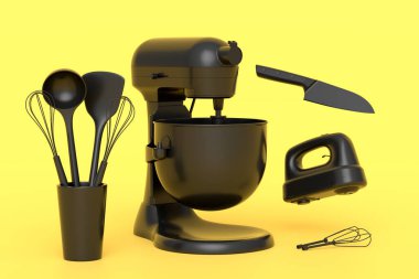 Monokrom arka planda hamur hazırlamak için mutfak gereçleriyle karıştırıcı ve el mikseri. Aşçılık, harmanlama ve karıştırma için 3D pişirme süreci adım adım ve aksesuarları