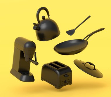 Espresso kahve makinesi, el mikseri, çaydanlık ve tost makinesi tek renkli arka planda kahvaltı hazırlamak için. Kahve yapmak için 3D kahve demliği.