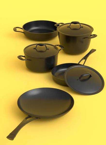 一套不锈钢炖锅 油锅和镀铬铝炊具 背景为单色 不粘贴厨房用具3D渲染 — 图库照片