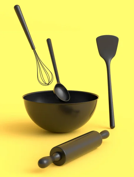Ciotola Metallo Con Utensile Cucina Preparazione Pasta Sfondo Monocromatico Rendono — Foto Stock