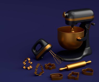 Mavi arka planda hamur hazırlamak için mutfak aletleri ve metal kurabiye kesicilerle karıştırıcı ve el karıştırıcı. Aşçılık, harmanlama ve karıştırma için 3D pişirme süreci adım adım ve aksesuarları