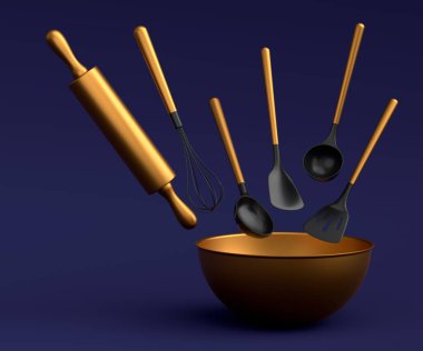 Mavi arka planda hamur hazırlamak için mutfak gereçleri ile metal kase. Aşçılık, harmanlama ve karıştırma için 3D pişirme süreci adım adım ve aksesuarları