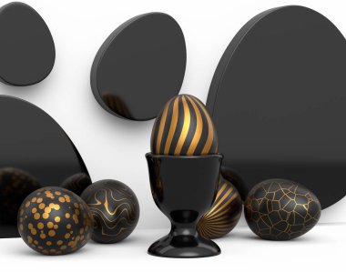 Kürsüde altın ve siyah Paskalya yumurtası ve beyaz arka planda dağınık yumurtalar. Davetiye, kart, menü, broşür, afiş, poster, fiş için 3d Mutlu Paskalya zarif tasarım tasarımı.