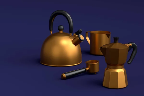 浓缩咖啡机 用牛角水壶和间歇式咖啡机在蓝色背景下准备早餐 煮拿铁咖啡用咖啡壶3D渲染 — 图库照片