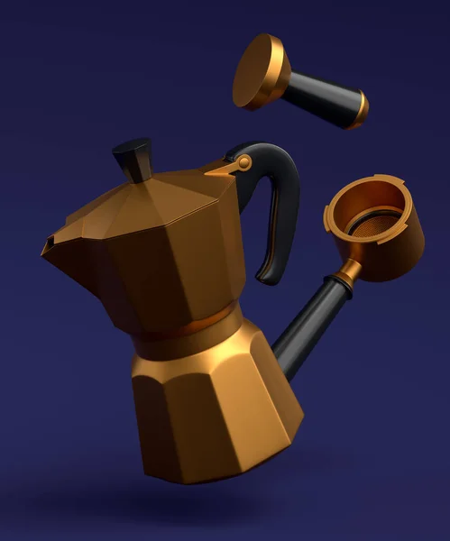 加角和间歇式咖啡机的浓缩咖啡机 用于在蓝色背景下准备早餐 煮拿铁咖啡用咖啡壶3D渲染 — 图库照片