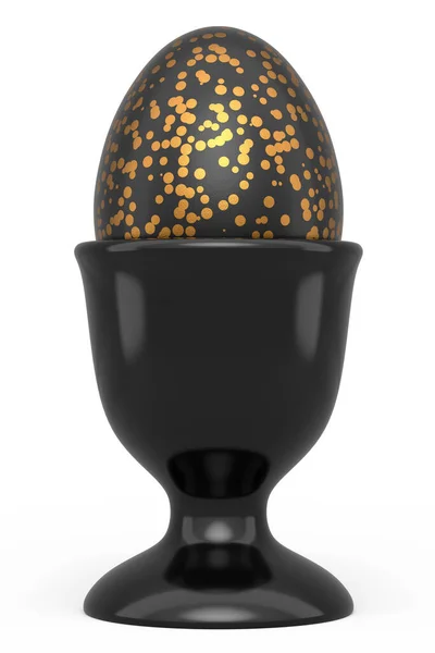 Easter egg with gold and black pattern in egg cup isolated on white background. 3d render of Happy easter elegant design layout for invitation, card, menu, flyer, banner, poster, voucher