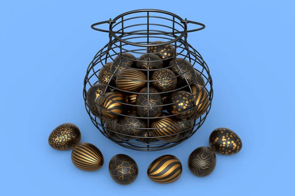 金色和黑色复活节彩蛋放在篮子或盘子里 巧克力彩蛋放在蓝色背景里 快乐复活节精美的设计布局 包括邀请函 优惠券等 — 图库照片