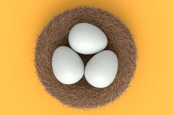 黄色の背景に隔離された農場生の有機白砂糖でコーティングされた卵鳥の巣 朝の朝食のためのオムレツやスクランブルエッグのための新鮮な鶏の卵の3Dレンダリング — ストック写真