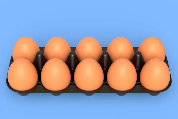 Plastik Tepside Çiğ Organik Yumurta Mavi Arka Planda Kağıt Karton — Stok fotoğraf