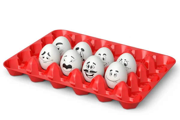 Fadeleri Plastik Tepside Komik Yüzü Olan Çiftlik Beyazı Yumurta Beyaz — Stok fotoğraf