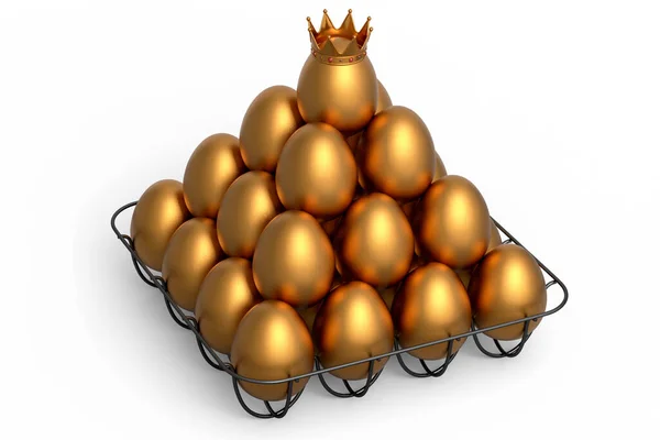 Luxe Gouden Eieren Staan Piramide Metalen Dienblad Papier Karton Geïsoleerd — Stockfoto