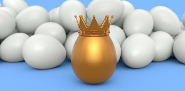 Çiftliğin beyaz tavuk yumurtaları ve kraliyet kralının mavi arka planında eşsiz altın yumurtası. Paskalya kavramının 3D canlandırması veya Kara Cuma, lüks, zenginlik ve imparatorluk gücü