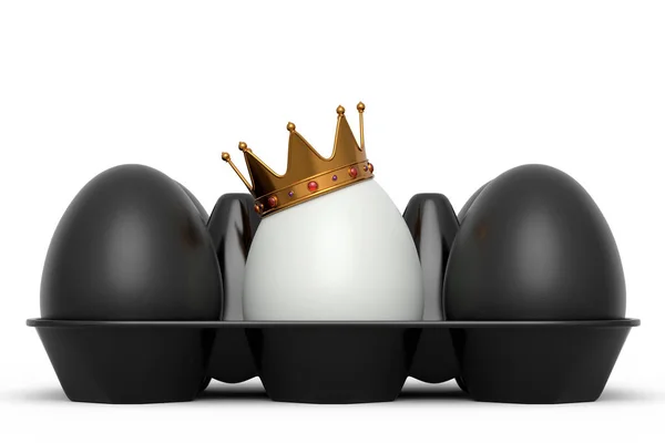 Beyaz Yumurta Altın Kaplama Kraliyet Tacı Plastik Tepside Duruyor Beyaz — Stok fotoğraf
