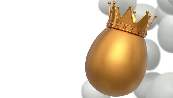 白い背景に王室の王冠の農場の白い鶏の卵とユニークな金の卵の飛行 イースターの概念の3Dレンダリングやブラックフライデー 富と帝国の力 — ストック写真