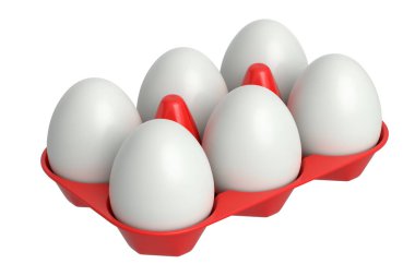 Çiftlik çiğ, beyaz, şeker kaplı yumurtalar plastik tepside ya da beyaz arka planda kağıt karton. Omlet için 3 boyutlu taze tavuk yumurtası ya da sabah kahvaltısı için çırpılmış yumurta.