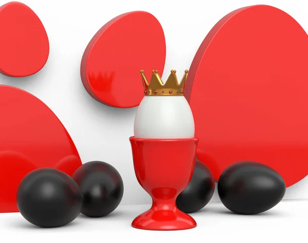 Unique white egg in royal king crown in ceramic eggcup and scattered black eggs on white background. 3d render of Easter concept or Black Friday, luxury, wealth and imperial power