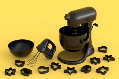 Tek renkli arka planda hamur hazırlamak için mutfak aletleri ve metal kurabiye kesicilerle karıştırıcı ve el mikseri. Aşçılık ve karıştırma için 3D pişirme işlemini adım adım ve aksesuarlar