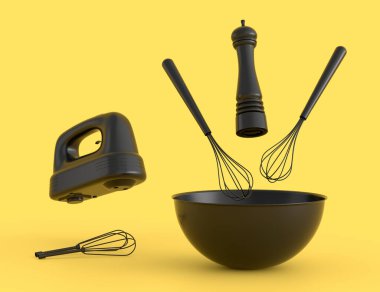 Tek renkli arka planda karıştırma ve karıştırma ve kurabiye kesme için elektrikli mutfak gereçleri olan metal kâse. Yemek pişirme, karıştırma ve karıştırma için ev mutfak aletleri ve aksesuarları 3D hazırlama
