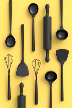 Ahşap mutfak aletleri, aletler ve teçhizat monokrom arka planında. Ev yapımı mutfak aletleri ve yemek pişirmek için aksesuarlar