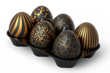 Sepet ya da tepside altın ve siyah Paskalya yumurtaları ve beyaz arka planda çikolata yumurtaları. Davetiye, kart, menü, broşür, afiş, poster, fiş için 3d Mutlu Paskalya zarif tasarım tasarımı