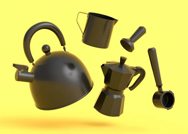 壶和间歇式咖啡机的浓缩咖啡机 用于在单色背景下准备早餐 煮拿铁咖啡用咖啡壶3D渲染 — 图库照片