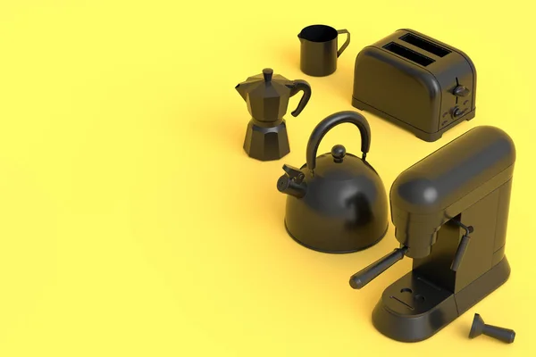 Wasserkocher Toaster Kaffeemaschine Horn Und Geysir Kaffeemaschine Auf Monochromen Hintergrund — Stockfoto